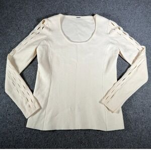 Elie Tahari Cream Extrafine Merino Wool Scoop Neck Cut Out Sleeve Sweater